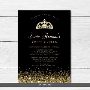 Gold and Black Glitter Sweet 16 Invitations. Designed with sparkles, faux gold glitter, and a gold crown with diamond accents for a fabulous birthday. Designed By MetroEvents