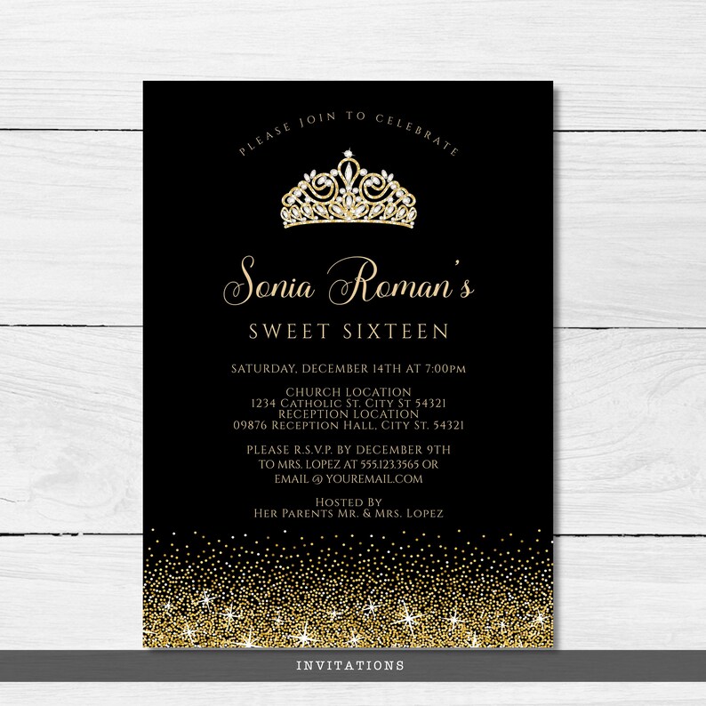 Gold and Black Glitter Sweet 16 Invitations. Designed with sparkles, faux gold glitter, and a gold crown with diamond accents for a fabulous birthday. Designed By MetroEvents