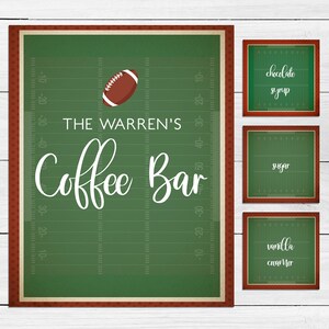 May include: A set of four rectangular signs featuring a green football field design with yard line markings and a brown football. The large sign reads THE WARREN'S Coffee Bar, while the three smaller signs read chocolate syrup, sugar, and vanilla creamer.