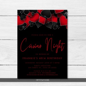 This fun and elegant adult party invitation are designed with a black background with hearts, spades, diamonds, and clubs upper frame. Designed By MetroEvents