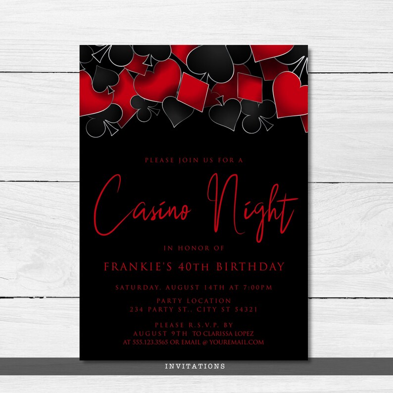 This fun and elegant adult party invitation are designed with a black background with hearts, spades, diamonds, and clubs upper frame. Designed By MetroEvents