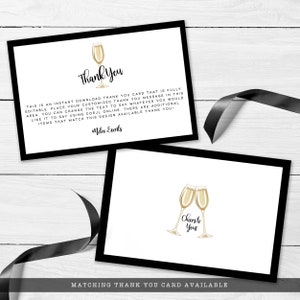 Champagne Brunch, Champagne Themed thank you cards. Created with a gold champagne glass with a white background and black outline. Designed By MetroEvents
