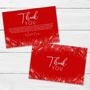 Sweet Sixteen Glam Party Thank You Card. A sparkling party collection featuring flowing typography on a red glittery background. Created By MetroEvents.