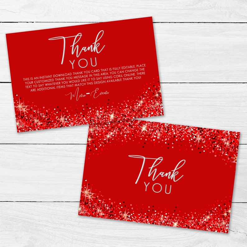 Sweet Sixteen Glam Party Thank You Card. A sparkling party collection featuring flowing typography on a red glittery background. Created By MetroEvents.