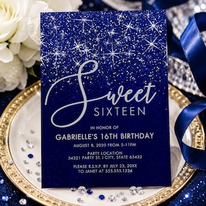 May include: A rectangular invitation card with a deep blue glitter background featuring silver starburst patterns. The text reads Sweet SIXTEEN, IN HONOR OF GABRIELLE'S 16TH BIRTHDAY, AUGUST 8, 2020 FROM 5-11PM, PARTY LOCATION 54321 PARTY ST. I CITY, STATE 65432, PLEASE R.S.V.P. BY JULY 23, 20XX TO JANET AT 555.555.1234.