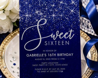 Blue Glitter Sweet Sixteen Invitation Template, Editable 16th Birthday Invite, Printable Sweet 16 Party Invitation, Blue Silver Invite