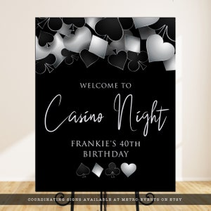 printable welcome sign with Customizable Corjl Template Silver and Black Casino Night with Hearts Spades Clubs Diamonds Perfect for Birthday Party Favors and Decorations