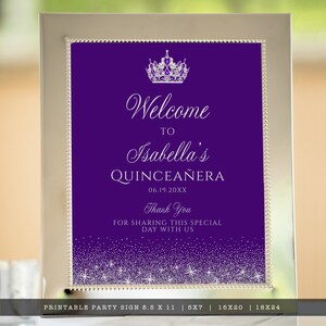 A glam style sweet sixteen and quinceanera welcome sign. This glittery design is created with faux silver glitter on a purple background and a princess crown. Designed by MetroEvents.