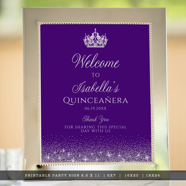 A glam style sweet sixteen and quinceanera welcome sign. This glittery design is created with faux silver glitter on a purple background and a princess crown. Designed by MetroEvents.