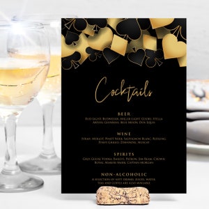 This fun and elegant adult cocktail menu are designed with a black background with hearts, spades, diamonds, and clubs upper frame. Designed By MetroEvents