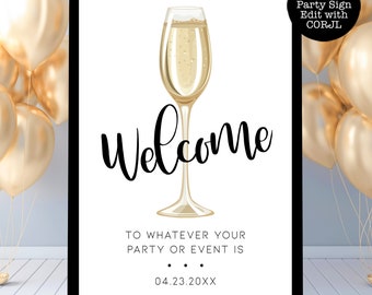 Champagne Welcome Signs, Black and White Sign, Printable Welcome Sign, Instant Download, Brunch and Bubbly, Welcome Sign, Corjl Template