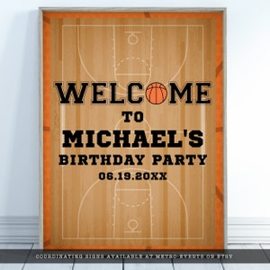 Basketball-themed Welcome Sign Featuring a basketball court and ball background accented with a basketball and customizable typography. Designed By MetroEvents