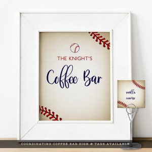 Vintage Baseball Baby Shower Coffee Bar Signs and Labels. This sporty sign kit is created with a vintage texture background accented with baseball laces. Designed by MetroEvents.