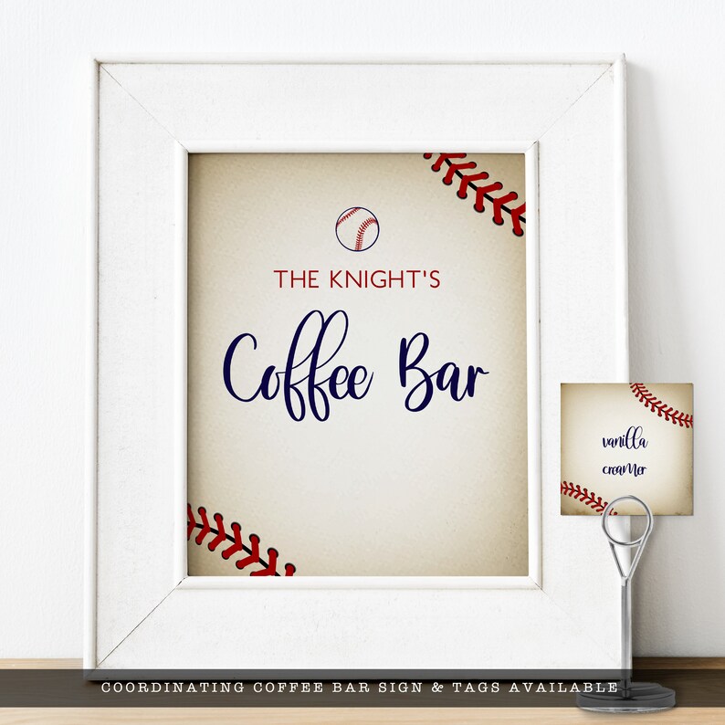 Vintage Baseball Baby Shower Coffee Bar Signs and Labels. This sporty sign kit is created with a vintage texture background accented with baseball laces. Designed by MetroEvents.