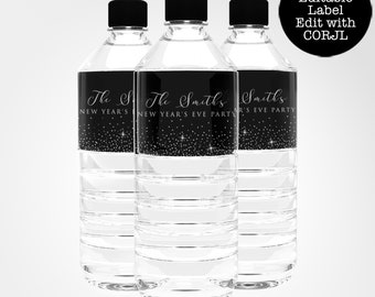 Black and Silver Glam Water bottle Labels, Printable Drink Label, Editable Water Label, Corjl Template, Beverage Wrappers, black Water Label