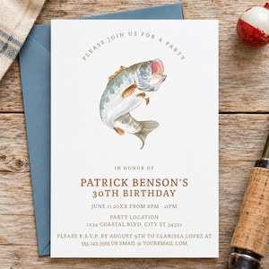 May include: A white birthday party invitation card featuring a watercolor illustration of a jumping fish. The text reads: PLEASE JOIN US FOR A PARTY, IN HONOR OF PATRICK BENSON'S 30TH BIRTHDAY, JUNE 11 20XX FROM 6PM - 11PM, PARTY LOCATION 1234 COASTAL BLVD.