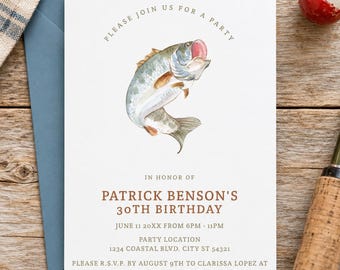 May include: A white birthday party invitation card featuring a watercolor illustration of a jumping fish. The text reads: PLEASE JOIN US FOR A PARTY, IN HONOR OF PATRICK BENSON'S 30TH BIRTHDAY, JUNE 11 20XX FROM 6PM - 11PM, PARTY LOCATION 1234 COASTAL BLVD.