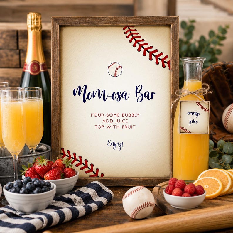 K&ouml;nnte beinhalten: Ein gerahmtes Schild mit Baseball-Motiv mit dem Text Mom-osa Bar, Pour some bubbly, Add juice, Top with fruit und Enjoy. Das Schild ist mit roten Baseball-Nahtgrafiken und einer kleinen Baseball-Illustration verziert.
