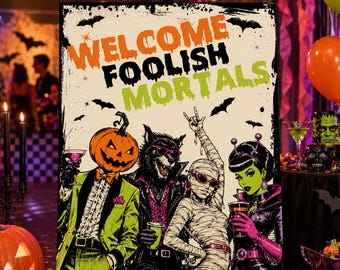 Halloween Welcome Sign, Monster Costume Party Decor, Printable Monster Bash Sign, Retro Halloween Party, Digital Download