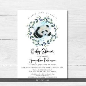 May include: Baby shower invitation featuring a watercolor panda bear illustration surrounded by a green olive branch wreath. The invitation text includes the words "Baby Shower" and the name "Jacqueline Robinson".