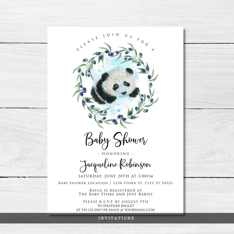 May include: Baby shower invitation featuring a watercolor panda bear illustration surrounded by a green olive branch wreath. The invitation text includes the words "Baby Shower" and the name "Jacqueline Robinson".
