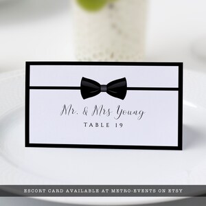 Editable black and white escort card great for galas, black tie weddings, charity auctions, corporate parties & more. Featuring a tuxedo bowtie and elegant, editable typography. Designed by MetroEvents.