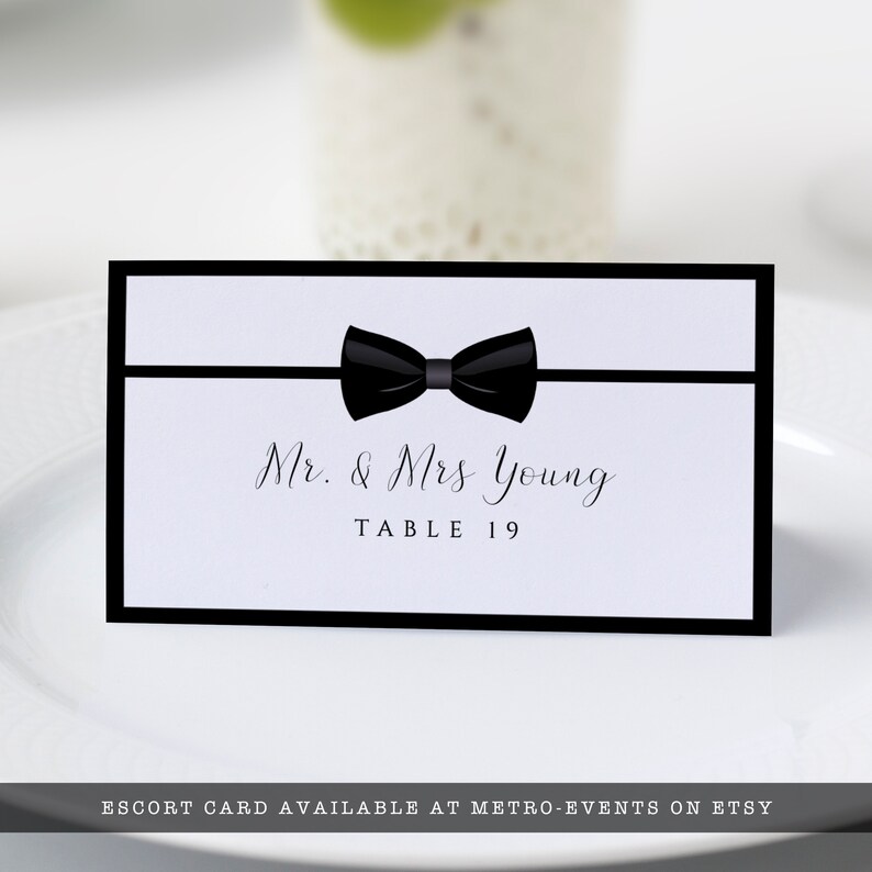 Editable black and white escort card great for galas, black tie weddings, charity auctions, corporate parties & more. Featuring a tuxedo bowtie and elegant, editable typography. Designed by MetroEvents.