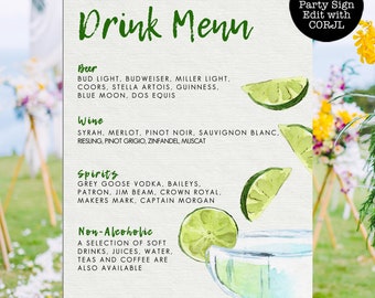 Margarita Drink Menu Sign, Bar Menu, Lime Menu Template, Editable Bar Sign, Printable Bar Sign, Instant Download, Corjl Template, Drink Menu