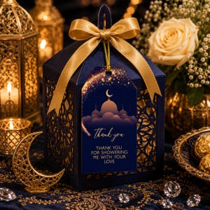 Modèle d'étiquette de cadeau mille et une nuits, étiquette cadeau en or bleu marine, étiquette de cadeau de fête arabe, étiquette de remerciement lune et étoiles image 3