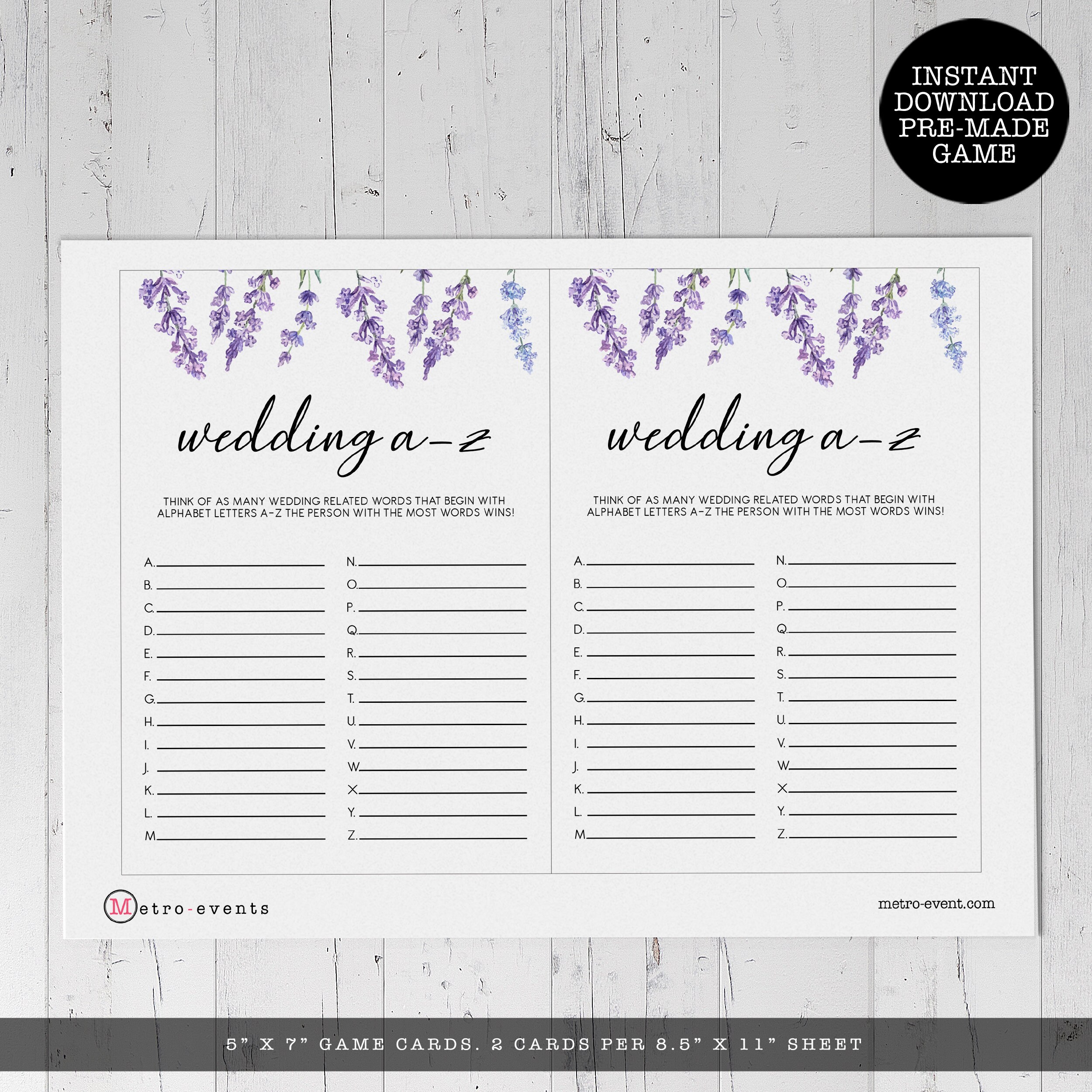 Wedding A to Z Game Themed Games Instant Download Shower Etsy