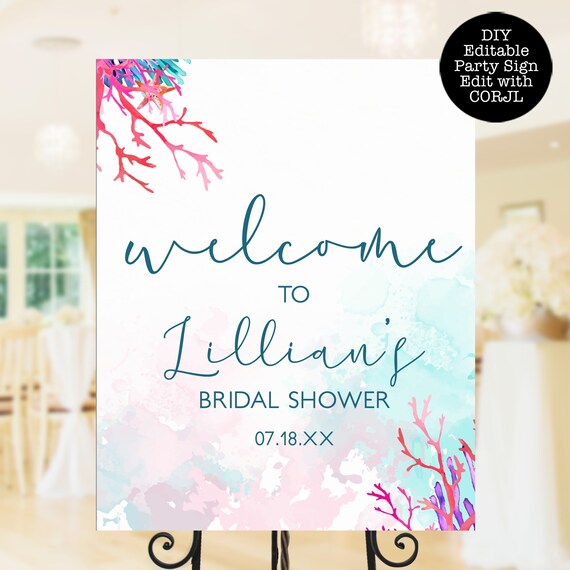 Printable Coral Reef Welcome Signs, Beach Party Sign, Editable Party Sign, Instant Download, Bridal Shower Sign, Beach Themed Signs Il_570xn