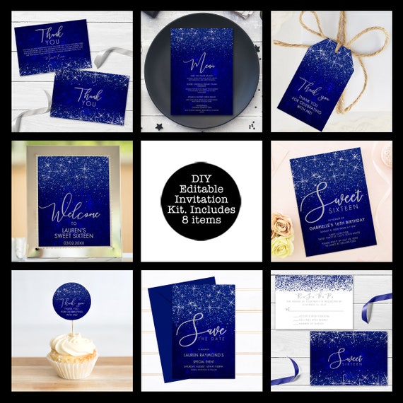 Blue Glam Invitation Set, Printable Invitation Kit, Blue Glitter Invite