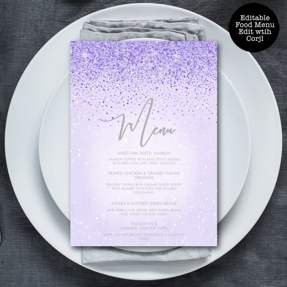 Purple Glitter Food Menu, Custom Menu, Purple Food Menu, Dinner Menu, Editable Dinner Menu, Instant Download, Printable Menu, Corjl Template Il_570xn