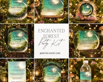 May include: An enchanted forest party kit featuring printed stationery including invitations, RSVP cards, thank you notes, menus, and save the date cards with a moonlit forest theme, plus a clear plastic water bottle with a matching label.