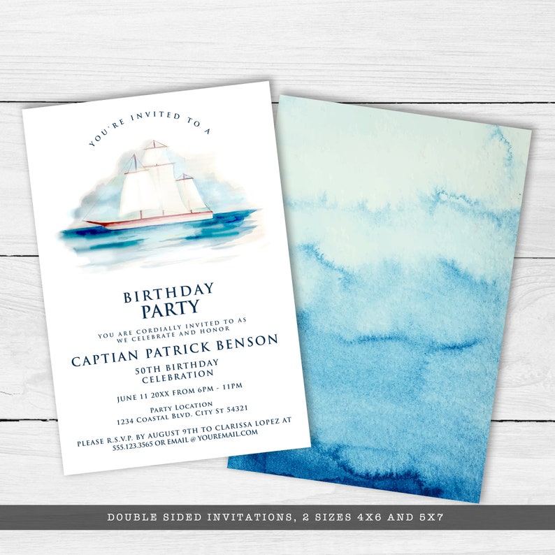 K&ouml;nnte beinhalten: Eine blaue und wei&szlig;e Aquarell-Einladung zu einer 50. Geburtstagsfeier. Die Einladung zeigt ein Segelboot auf dem Wasser und den Text "You're invited to a Birthday Party". Der Text enth&auml;lt auch den Namen "Captain Patrick Benson" und das Datum "June 11 20XX".