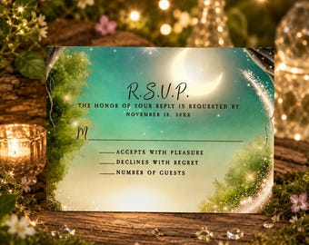 May include: A rectangular RSVP card featuring a night sky background with a crescent moon, glowing stars, and green trees. The text reads R.S.V.P., The honor of your reply is requested by November 18, 20XX, M, Accepts with pleasure, Declines with regret, and Number of guests.