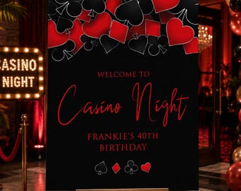 Cartel de bienvenida para la noche de casino: Fiesta de póker rojo y negro (Descarga instantánea)