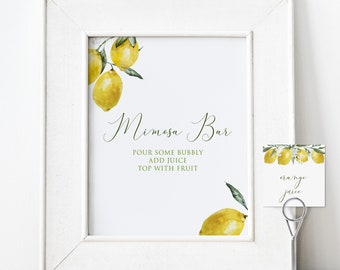 Lemon Mimosa Bar Sign, Printable Mimosa Signs, Bridal Shower Sign, Lemon Themed Sign, Instant Download, Corjl Template, Mimosa Sign and Tags