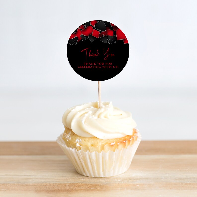 Casino night cupcake toppers designed with hearts, diamonds, clubs, and spades framing the top in red and black. Designed By MetroEvents.