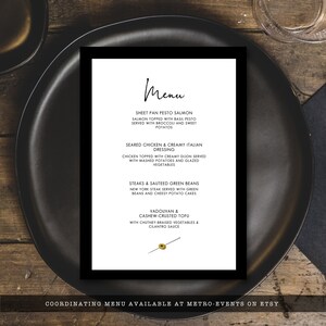 Black and White Cocktail Party Dinner Menu. Sleek and fun style invitation designed with a martini glass with olives. Designed By MetroEvents