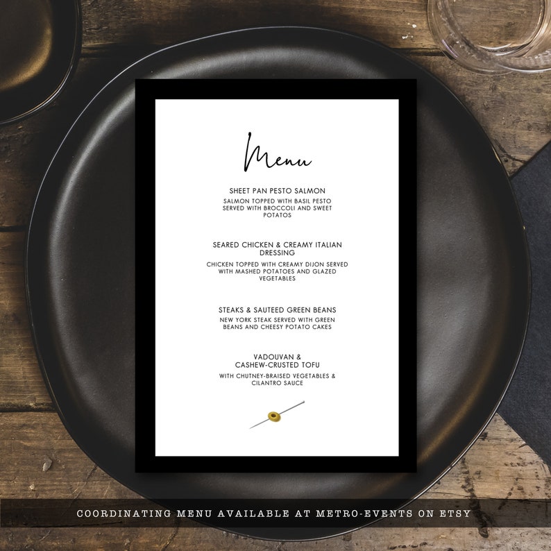 Black and White Cocktail Party Dinner Menu. Sleek and fun style invitation designed with a martini glass with olives. Designed By MetroEvents