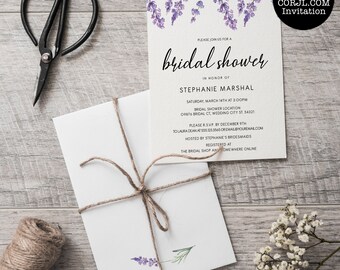 May include: A lavender-themed bridal shower invitation with a watercolor design of lavender flowers. The invitation includes the bride's name, the date, time, and location of the shower, as well as RSVP information. The text reads: "Please join us for a bridal shower in honor of Stephanie Marshal. Saturday, March 14th at 3:00pm. Bridal Shower Location: 09876 Bridal Ct, Wedding City St. 54321. Please RSVP by December 9th to Laura Dean at 555.103.3565 OREMAL@YOUREMAIL.COM. Hosted by Stephanie's Bridesmaids. Registered at The Bridal Shop and Somewhere Online."