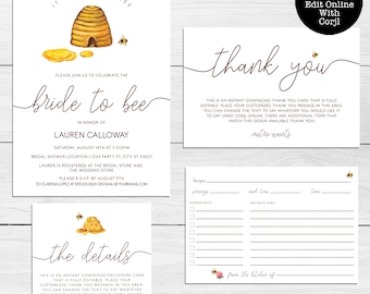 May include: A printable bridal shower invitation set with a beehive and honeycombs theme. The invitation includes a bride to be design, a thank you card, and a recipe card. The text on the invitation says "It's meant to bee" and "Bride to bee". The thank you card says "Thank you". The recipe card says "Recipe", "Servings", "Ingredients", "Cool Time", "Instructions", and "Time".