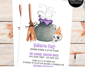 Witch Invite, Halloween Invitations, Halloween Trick or Treat Invitations, Printable Invitations, Costume Party Invitations, Corjl Template