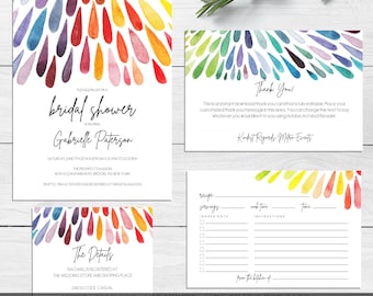 May include: A set of watercolor-style stationery for a bridal shower, featuring colorful teardrop designs. The set includes an invitation, thank you card, recipe card, and details card. Text includes the name Gabrielle Paterson and event details.