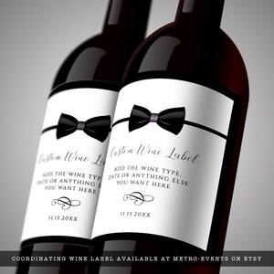 Editable black and white wine label great for galas, black tie weddings, charity auctions, corporate parties & more. Featuring a tuxedo bowtie and elegant, editable typography. Designed by MetroEvents.