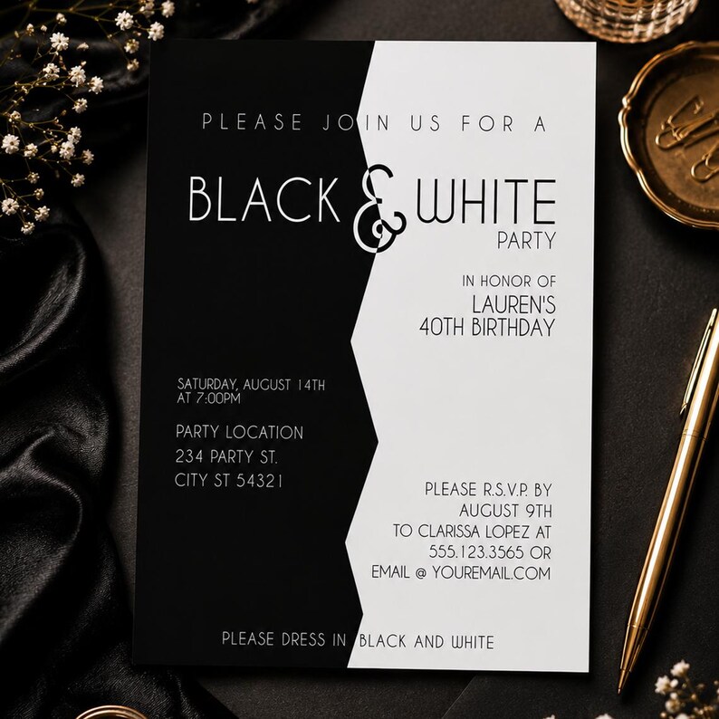 May include: Black and white party invitation with text. The invitation is split diagonally, with a black and white design. The text reads "Black & White Party" and includes party details, such as date, time, location, and RSVP information.