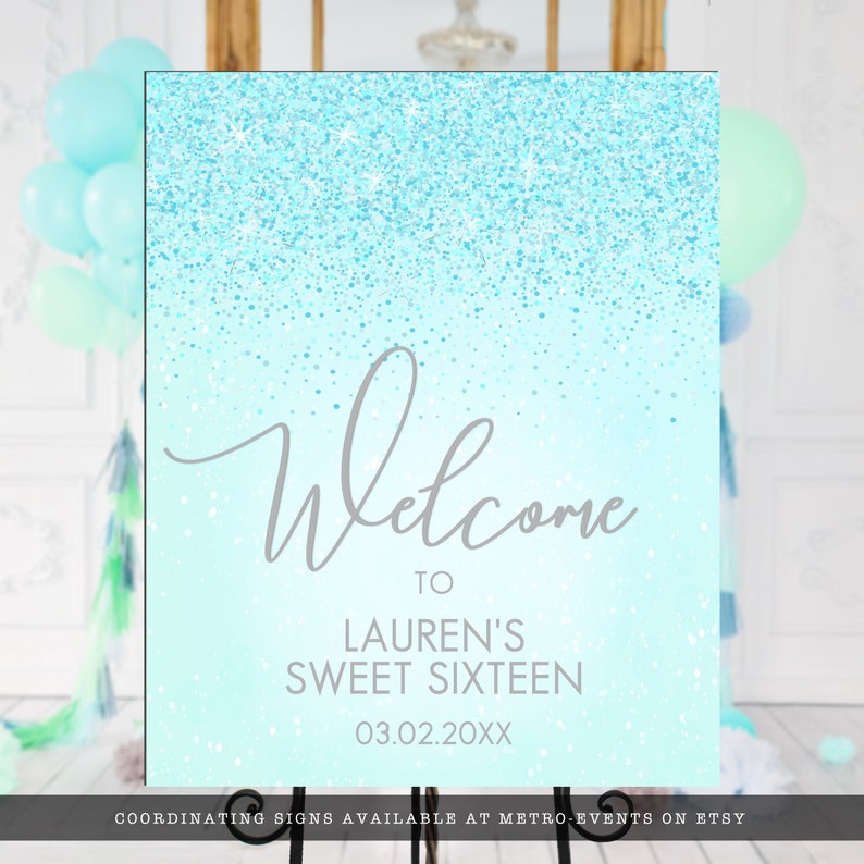All the glam and sparkle needed for any sweet 16 party, this sweet 16 birthday party sign is created with sparkling faux aqua glitter on a coordinating background.