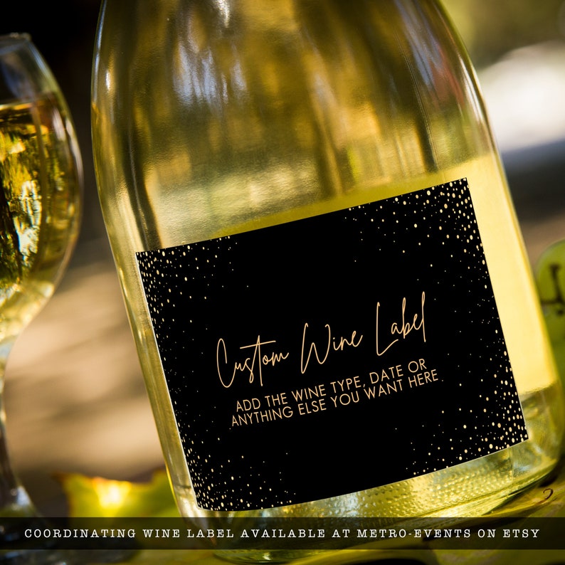 Modern Black and Gold Party Collection. Create your own customized party with this editable design. This wine label has a black background with gold specs around the corners and elegant typography.