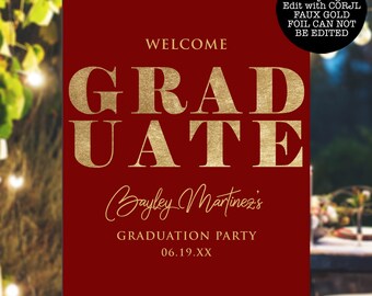 Red and Gold Foil Welcome Sign, Graduation Sign, School Graduation Sign, Printable Sign, Instant Download, Red Grad Signs, Corjl Template